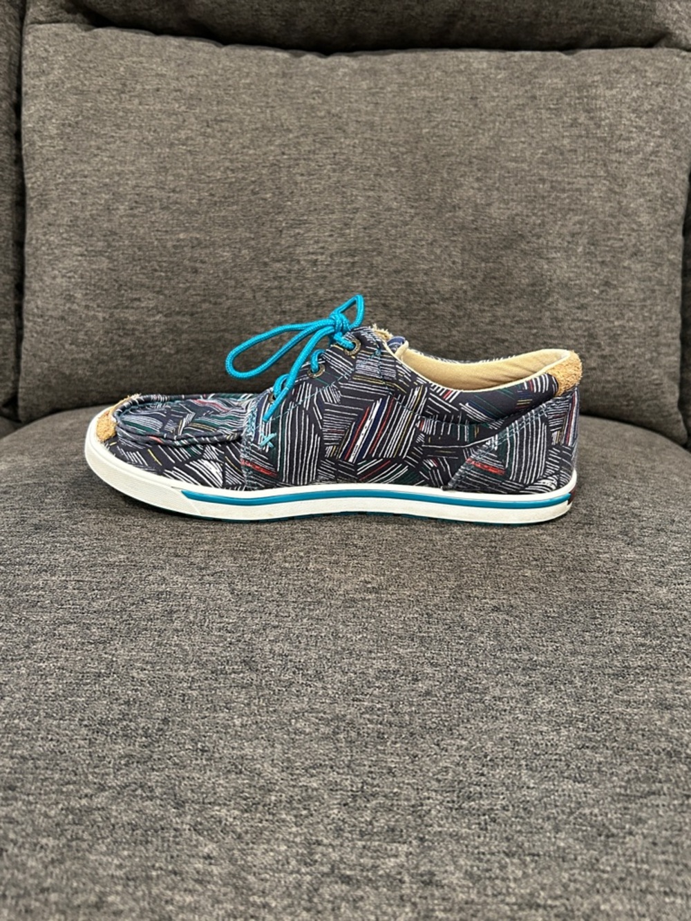 Twisted X Women's Multicolor Patterned Canvas Boat Shoe with Teal Laces